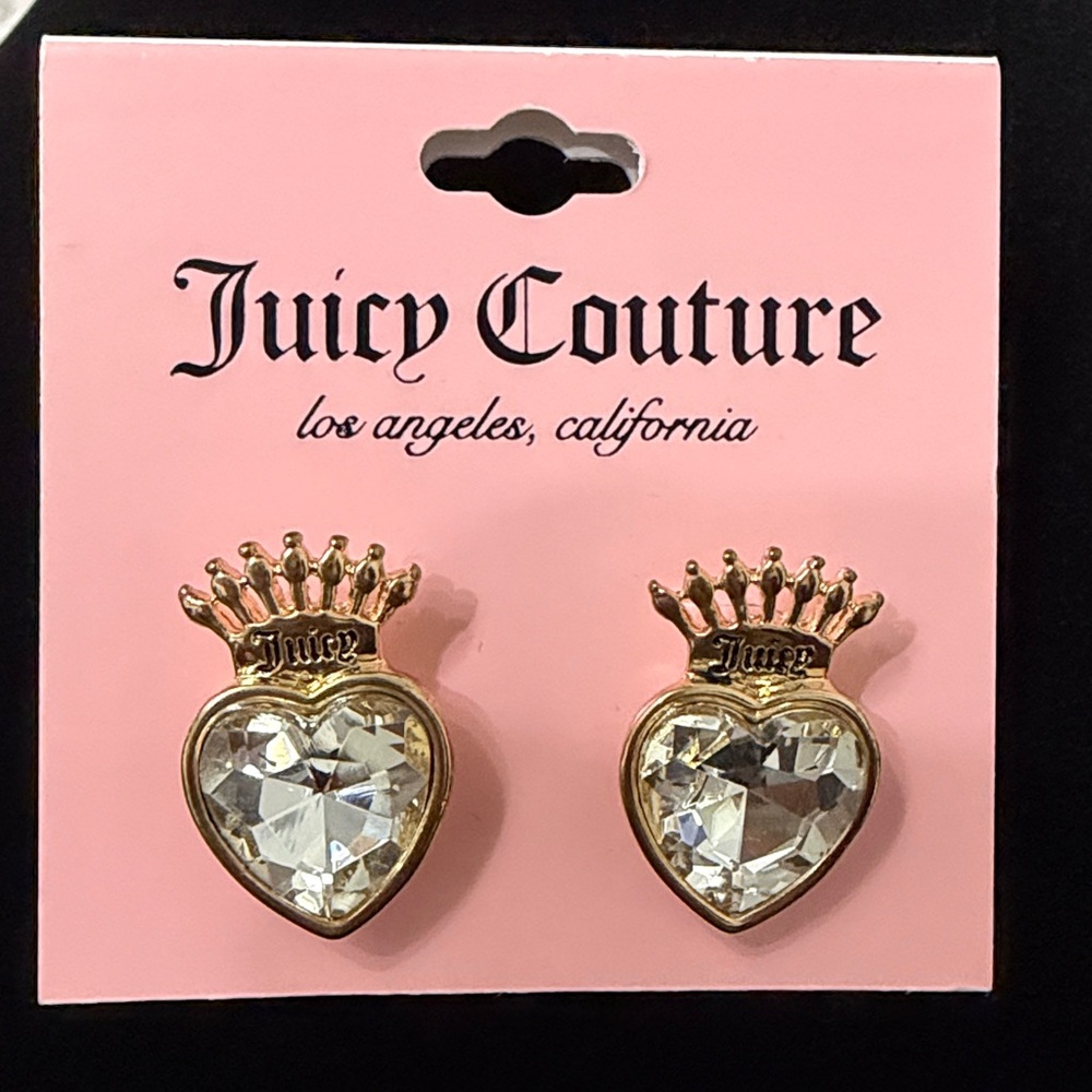 Juicy Couture Gold Tone Crown Heart Crystal Stud Earrings New